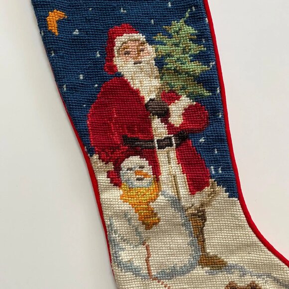 Vintage Needlepoint Christmas Stocking Santa and Snowman Xmas Holiday - Picture 2 of 5